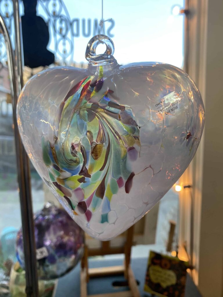 Glass Heart Witch Ball, white with swirls of color